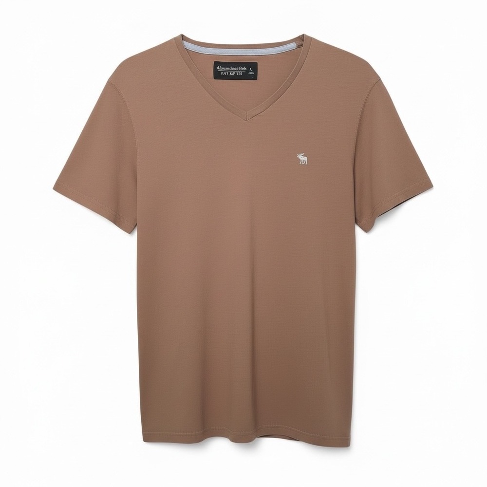 Abercrombie & Fitch Mens Soft AF Tee Brown V-Neck Short Sleeve Moose Logo Large
